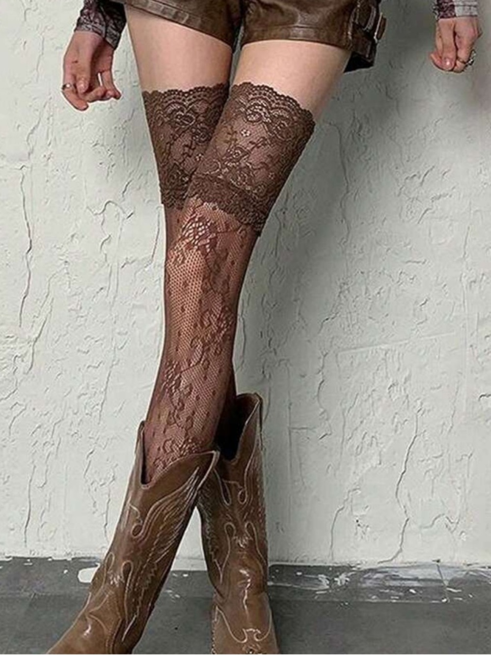 Lace Thigh-High Socks - Brown